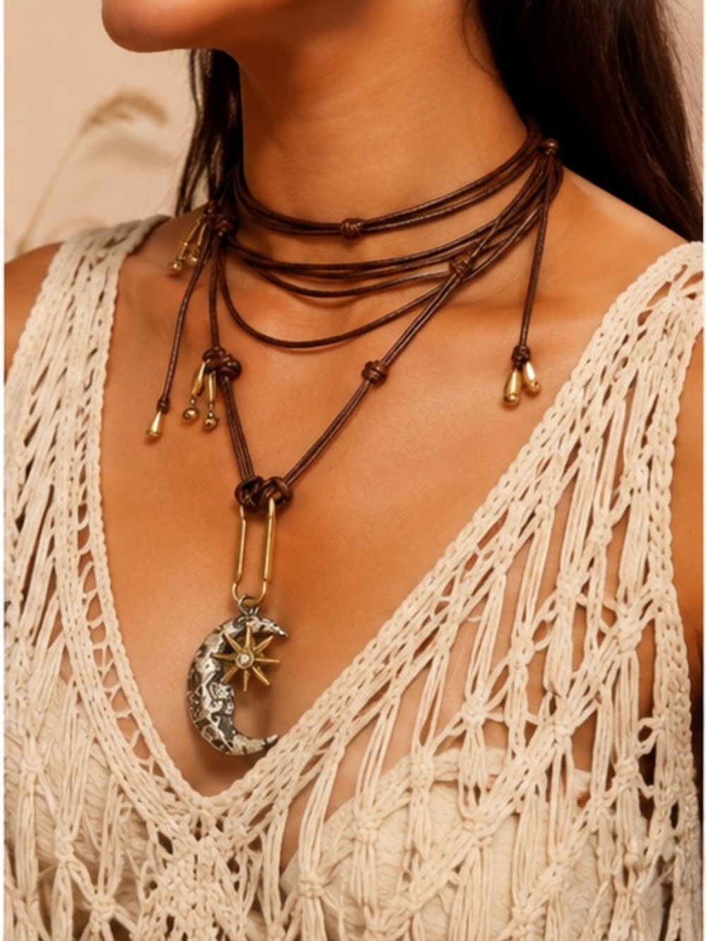 Bohemian Crescent Moon & Star Layered Necklace Set